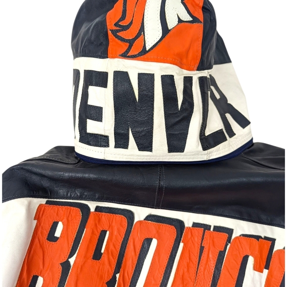 Vintage 90s Denver Broncos Leather Jacket Bootleg Mens XL Orange Blue Football - Picture 10 of 14